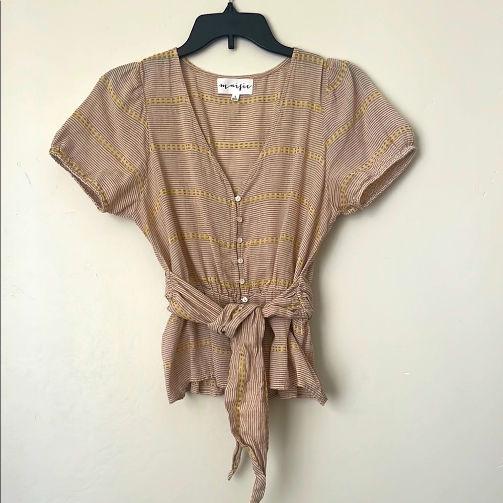 Maisie Tan Puff Sleeve Tie Front Blouse